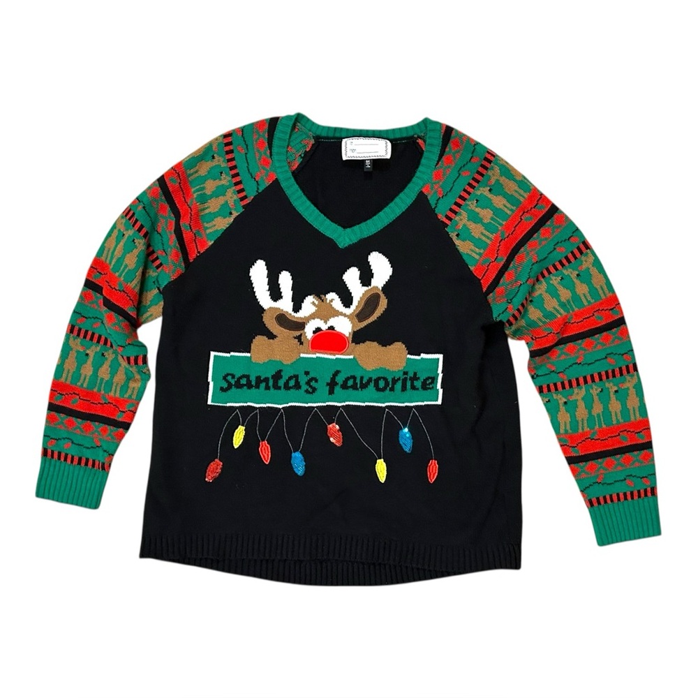 Women’s Ugly Christmas Sweater Santa's Favorite V-neck Plus 3X Rudolph Reindeer